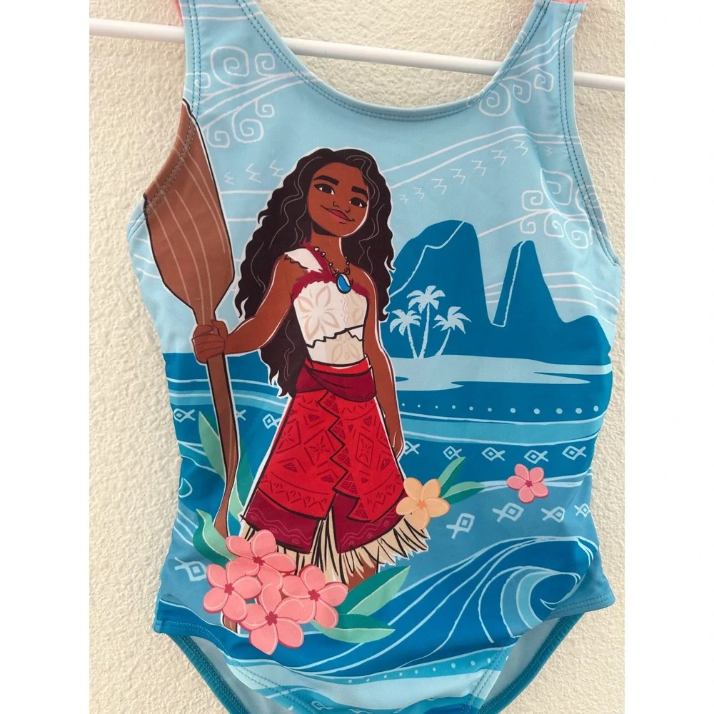 Disney Moana 2 Girls Blue One Piece Swimsuit Graphic Bathing Suit Size 7-8‎